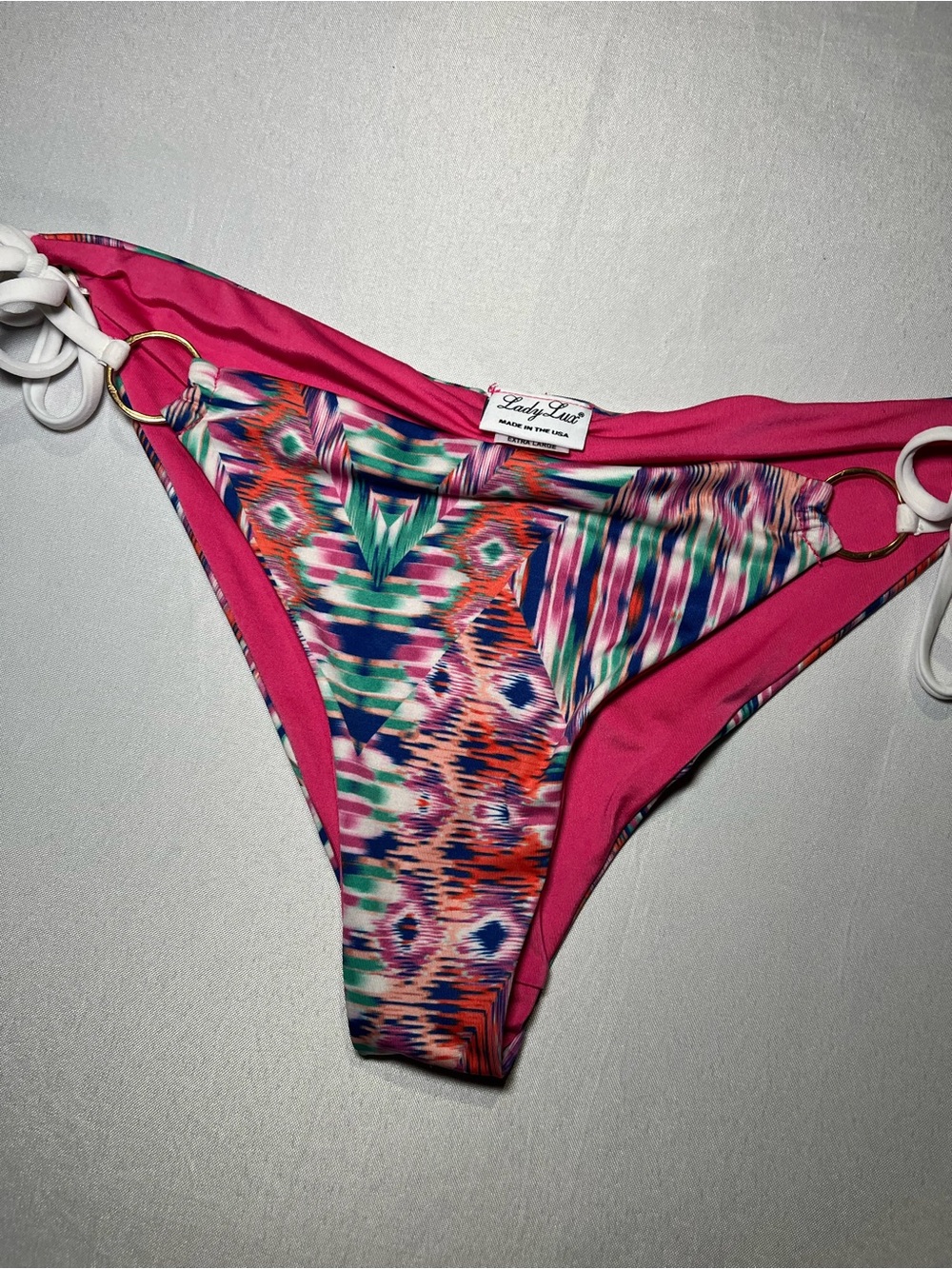 Lady Lux Women’s XLarge Pink Multicolor Side-Tie USA Made Bikini Low Rise Bottom